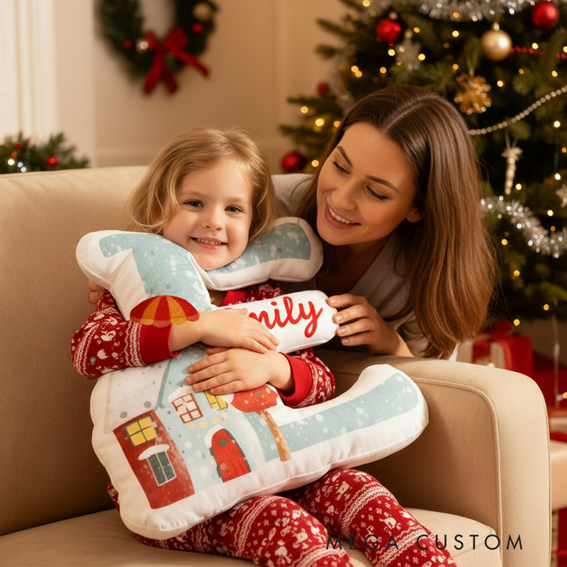 Personalized Initial Pillow with Winter Snowy Houses Custom Name Christmas House Pillow Gift for Kids Family Housewarming Gift