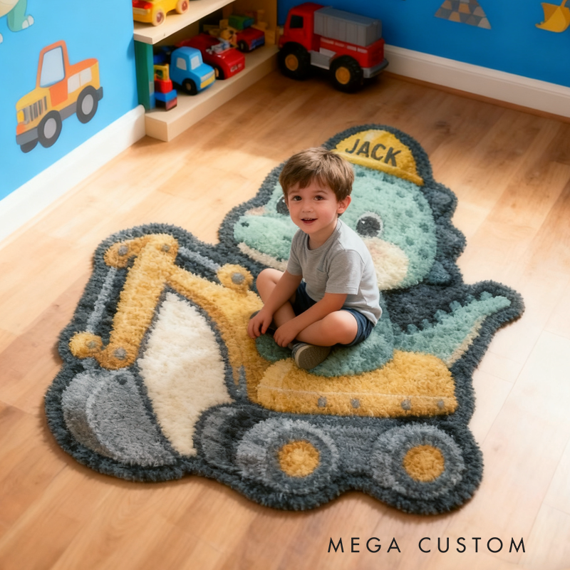 Personalized Cartoon Dinosaur Excavator with Name Soft Rug Christmas Gift for Kids Rug Birthday Gifts for Kids