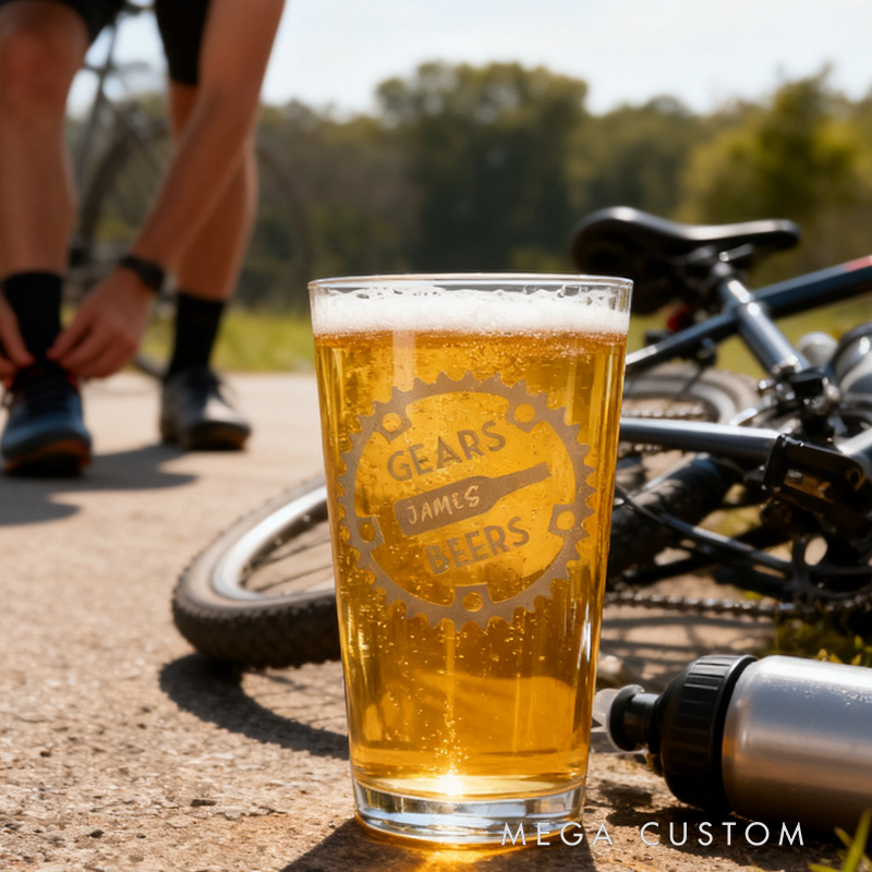 Personalized Beers and Gears Pint Glass Bicycle Glass Bike Glasses Cycle Race Cycling Gifts Men Fathers Day Bike Gifts for Cycling Lovers