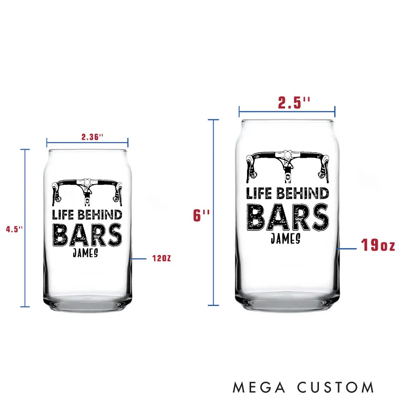 Personalized Life Behind Bars Bike Glass Bicycle Barware Screenprinted Pint Glass Beer Cycling Art Gift for Cyclists Biker Cycling Lovers