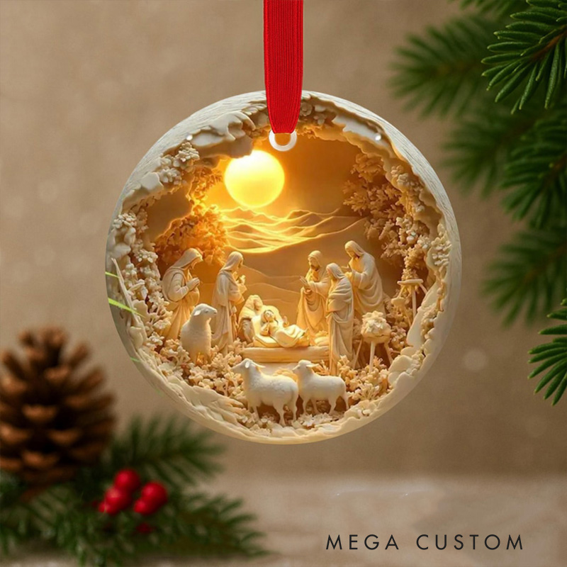 Personalized Nativity Scene Ornament with Name Holy Family Christmas Keepsake Gift 3DEffect Flat Ornament Not Glass Globe Religious Gift for Christmas