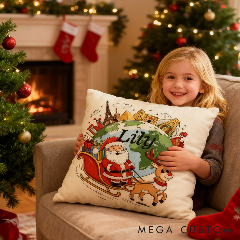 Personalized Santa’s Globe-Trotter Pillow Graphic 3D Print Pillow for Travel Lovers