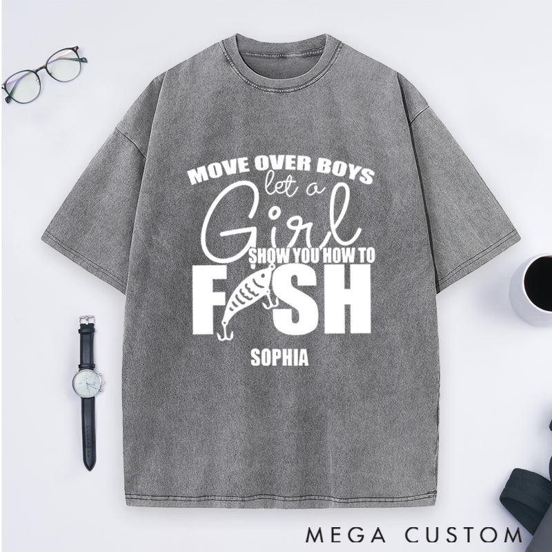 Personalized Fishing Custom Name T-Shirt Funny Move Over Boys Sweatshirt Soft Cotton Perfect Gift for Female Fishing Enthusiasts
