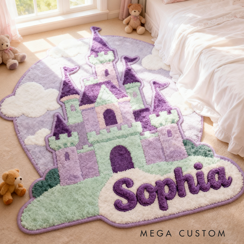 Personalized Fairy Tale Castle Rug Soft Plush Design with Custom Name and Pastel Colors Fairytale Princess Style Gift for Kids