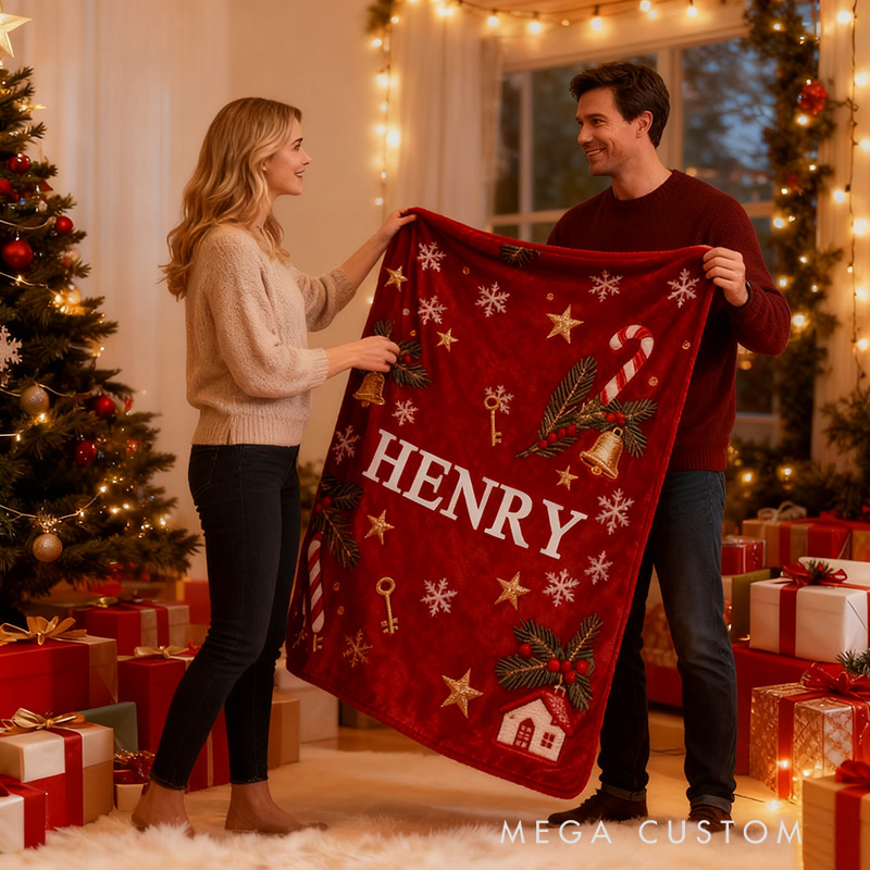 Personalized Christmas Blanket Graphic 3D Print Custom Name Blanket Holiday Gift Cozy Home Accent Soft Blanket Gift for Kids Family