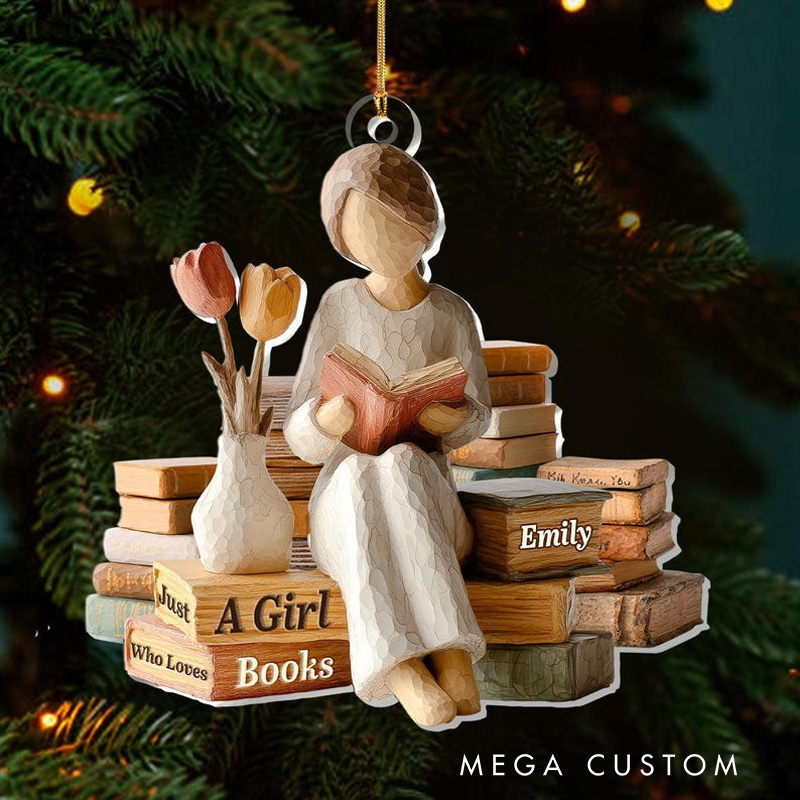 Personalized Just a Girl Who Loves Books Acrylic Christmas Ornament Cozy Reading Vibes Decor with Name Reader Gift for Bookworms Librarians