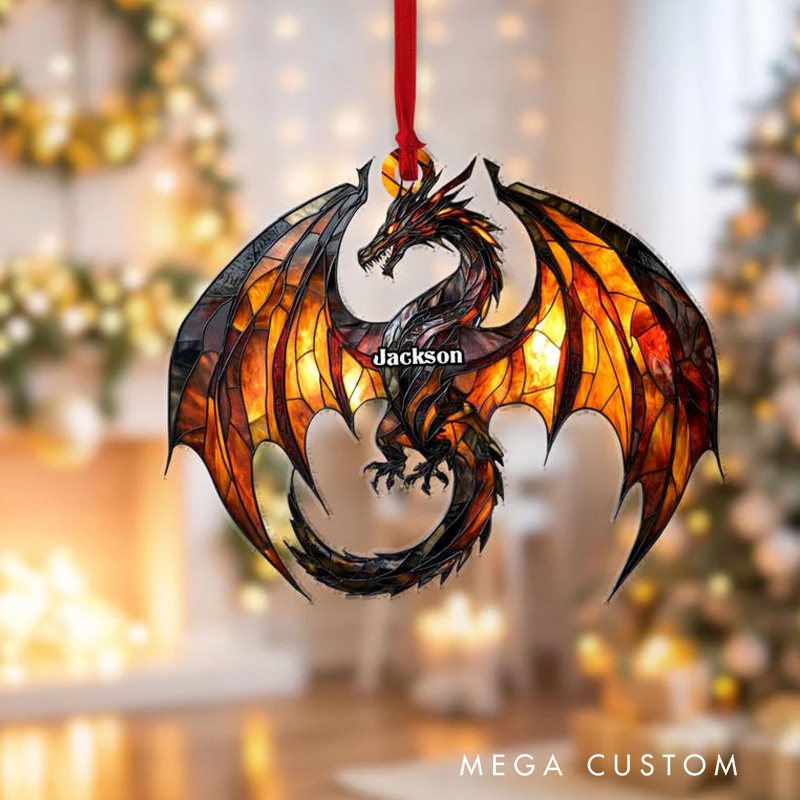 Personalized Dragon Flying 2D Flat Acrylic Christmas Ornament Dragon Xmas Decor with Name Reader Gift for Fantasy Book Lover Bookworms Librarians