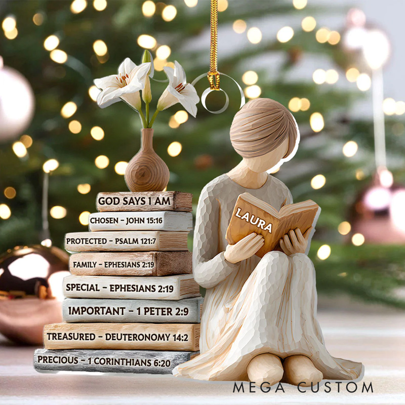Personalized God Says I am 2D Flat Acrylic Christmas Ornament Reading Girl Xmas Decor with Name Reader Gift for Fantasy Book Lover Bookworms Librarians