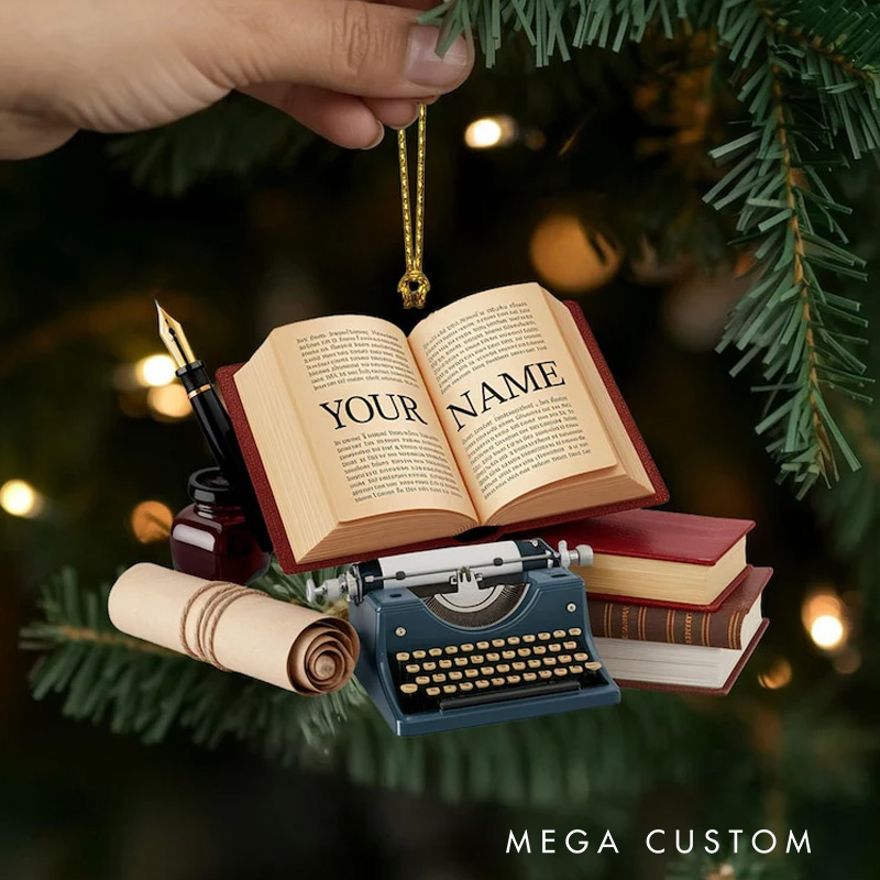 Personalized Writer Christmas Ornament 2D Acrylic Name Book with Typewriter and Ink Set Reader Gift for Authors Journalists Book Lover Librarians
