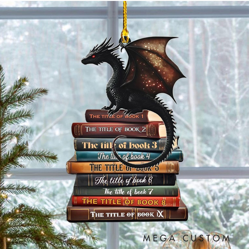 Personalized Fantasy Dragon On Books Christmas Ornament 2D Acrylic with Name Book Stack 2025 Book Ornament Tree Decor Christmas Gift For Readers