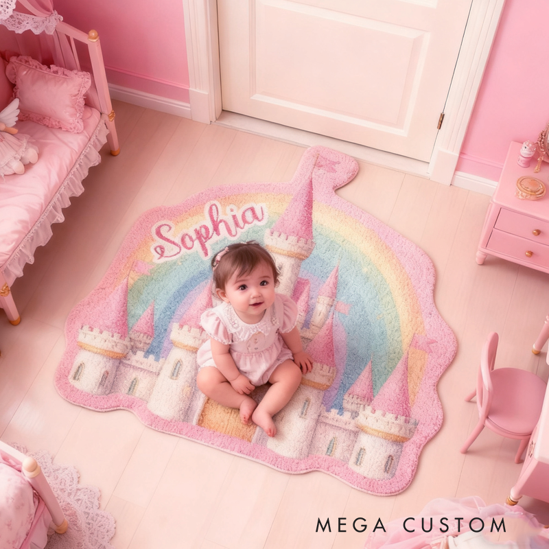 Personalized Pink Rainbow Castle with Name Soft Rug Christmas Gift for Kids Rug Birthday Gifts for Kid