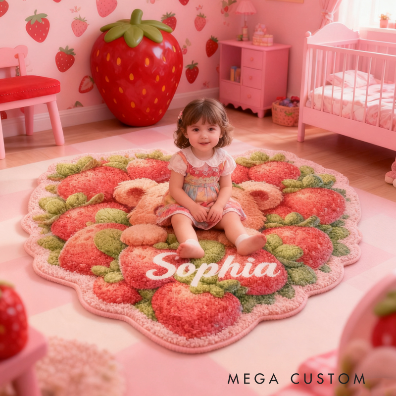 Personalized Strawberry Bear with Name Soft Rug Christmas Gift for Kids Rug Birthday Gifts for Kid