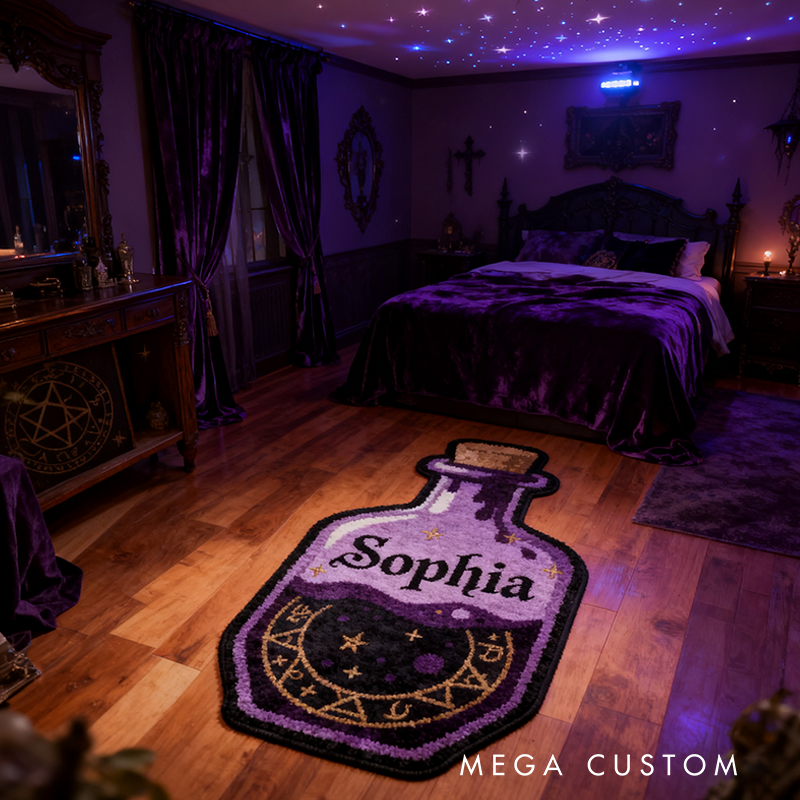Personalized Magic Potion Bottle Rug Soft Plush Design with Mystical Purple Tones Celestial Symbols Custom Name and Witchy AestheticStyle Gift for Kids