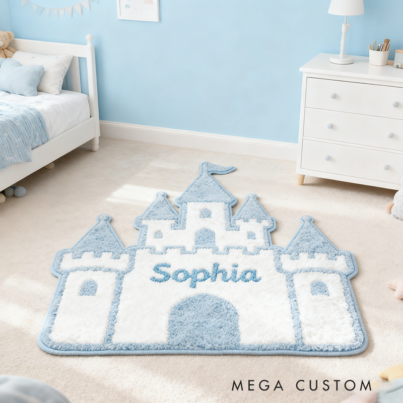 Personalized Blue Castle Rug Soft Plush Design with Fairytale Inspired Castle Custom Name Pastel Colors and Cozy Texture for Kids
