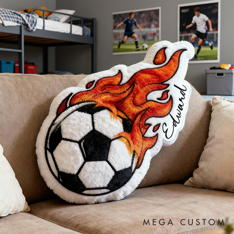 Personalized Soccer Ball Throw Pillow Featuring Fiery Design and Name for Sports Lovers and Kids