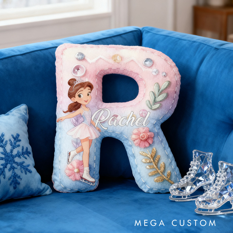 Personalized Graphic 3D Print Cartoon Ice Skating Girl Alphabet Shaped Pillow for Ice Skate Lovers Initial Pillow Christmas Gift for Kids