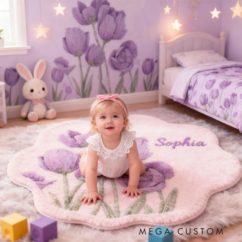 Personalized Purple Tulips with Name Soft Rug Christmas Gift for Kids Rug Birthday Gifts for Kid