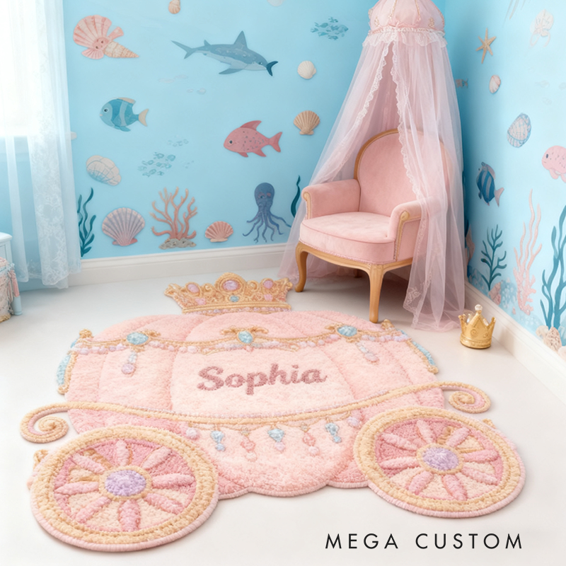 Personalized Princess Carriage Christmas Rug Soft Pink Theme Customizable with a Name Fairytale Style Suitable for Children's Rooms