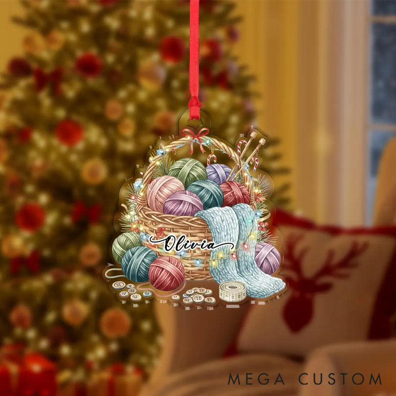  Personalized Christmas Ornament Knitting Basket with Yarn and Needles Hanging Decoration for Crochet Lover