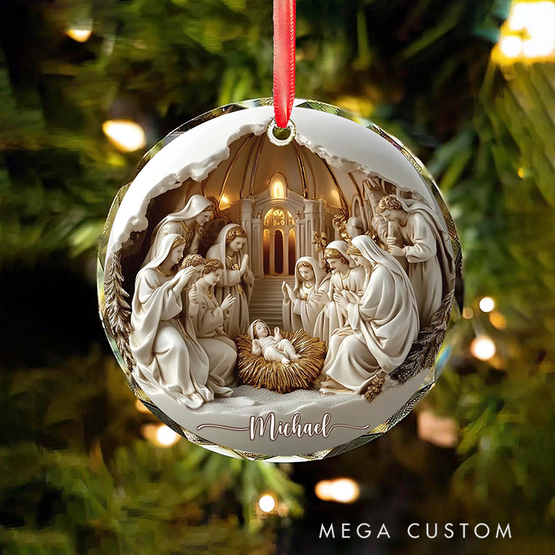 Personalized Nativitys Scene Christmas Round Heart Shaped Glass Ornament with Custom Name Regilious Christmas Tree Decor Christian for Christmas Gift