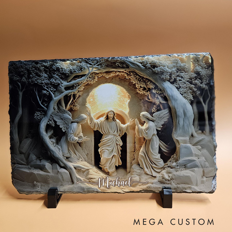 Personalized Jesus Rising Tomb Slate Plaque with Custom Name Easter Decor with Angels Christian Holiday Garden Stone Easter Gift