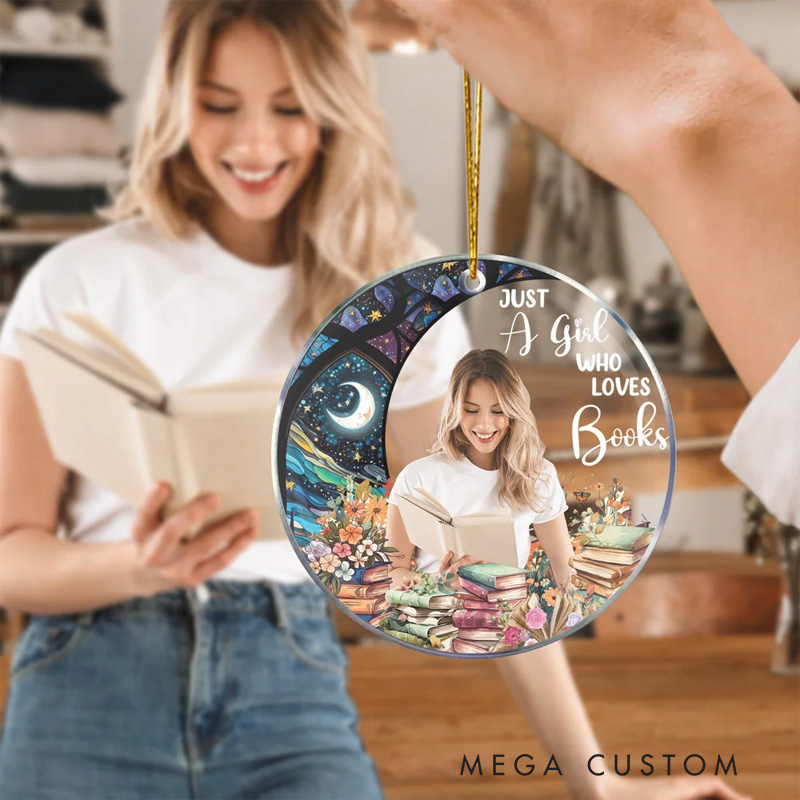 Personalized Just a Girl Who Loves Books Acrylic Ornament with Photo Moon Flower Christmas Gift for Daughter Book Lovers Reader