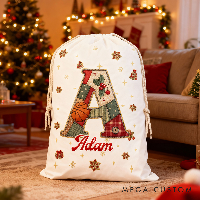 Personalized Christmas Santa Sack Featuring Basketball and Name Initial for Kids