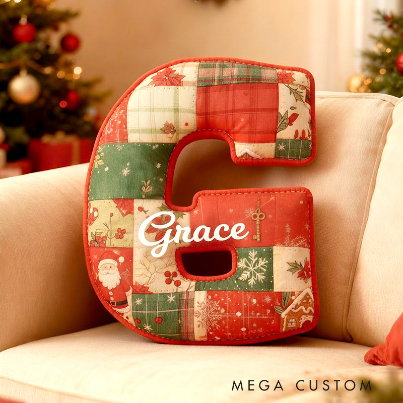 Personalized Initial Pillow Graphic 3D Print Christmas Patchwork Letters Custom Name Pillow Festive Holiday Decor Housewarming Gift for Family and Kids