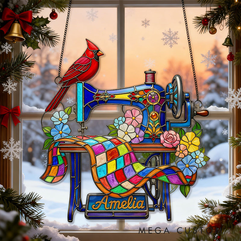 Personalized Cardinal Christmas Suncatcher Ornament Sewing Machine Gifts for Heaven Memorial Gift