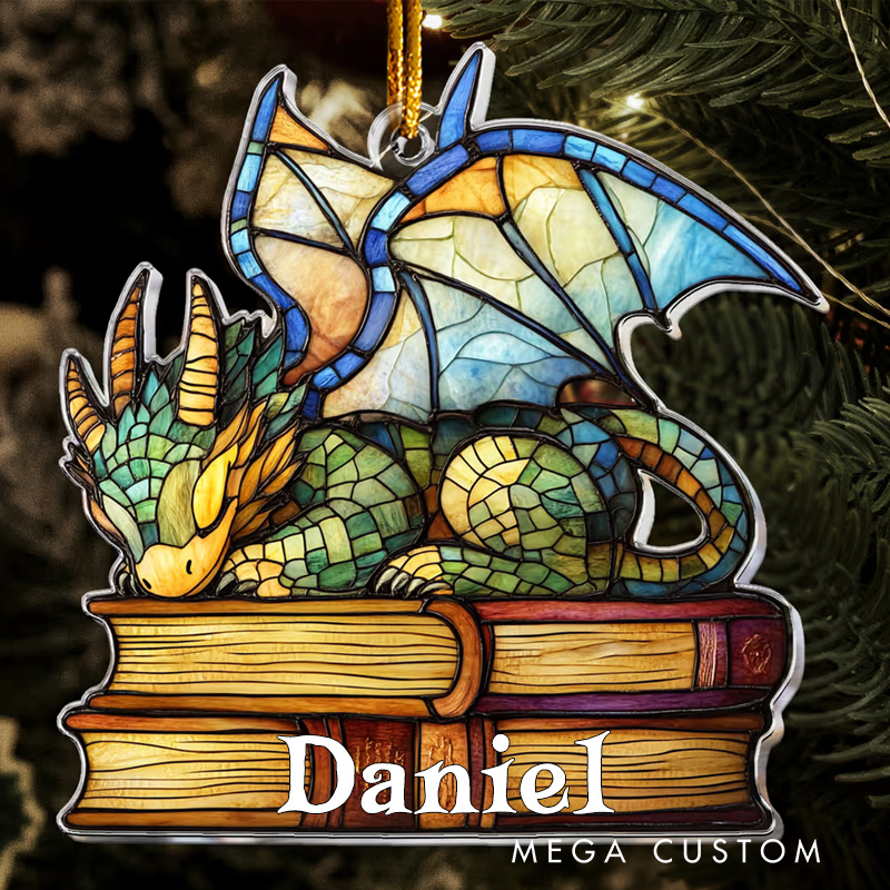 Personalized Dragon Books Acrylic Ornament with Name Christmas Gift for Book Club Librarian Book Lovers Reader
