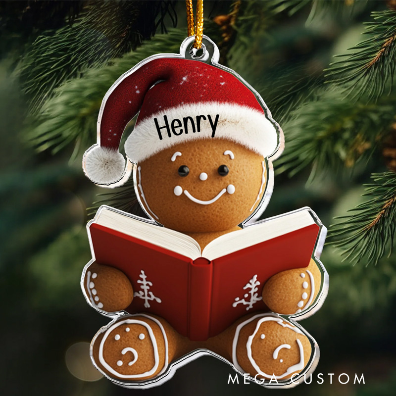 Personalized Reading Gingerbread Acrylic Ornament with Name Christmas Gift for Book Club Librarian Book Lovers Reader