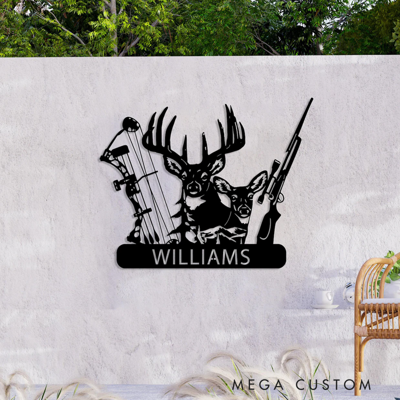 Personalized Custom Deer Hunter Metal Sign Bow and Hunting Rifle Sign Deer Hunting Wall Hanging Cabin Sign Husband Hunter Gift Fathers Day Gift