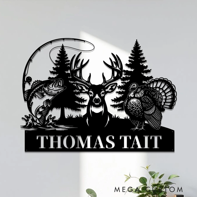 Personalized Hunting Name Metal Sign Custom Deer Turkey & Bass Fishing Wall Art Outdoor Hunting Decor Hunter Gift