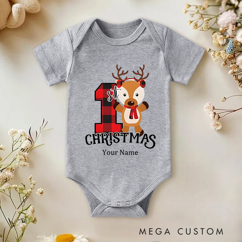 Personalized Baby's 1st Christmas Adorable Reindeer and Plaid Baby Onesie