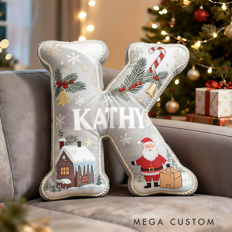Personalized Christmas Initial Pillow Graphic 3D Print Custom Name Pillow Festive Holiday Retro Decor Housewarming Gift for Family and Kids
