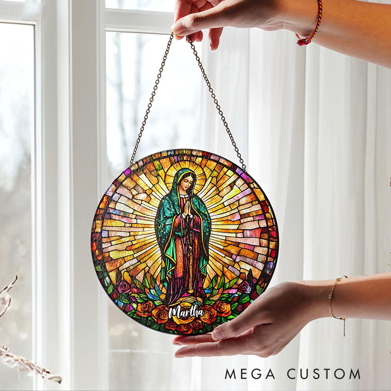 Personalized Our Lady of Guadalupe Stained Glass Suncatcher Ornament with Name Window Hanging Decor Virgin Mary Faux Stained Glass Art Catholic Gift
