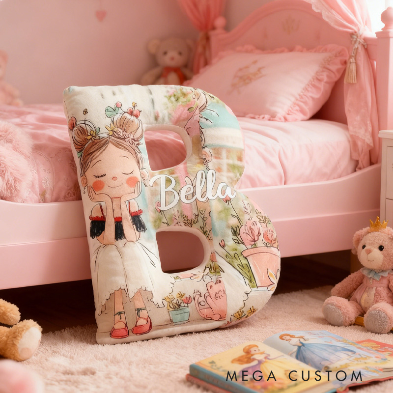 Personalized Girl and Flower Alphabet Throw Pillow Garden Letter Pillow with Name for Kids Girl Boy Christmas Gifts Loving Room Decor