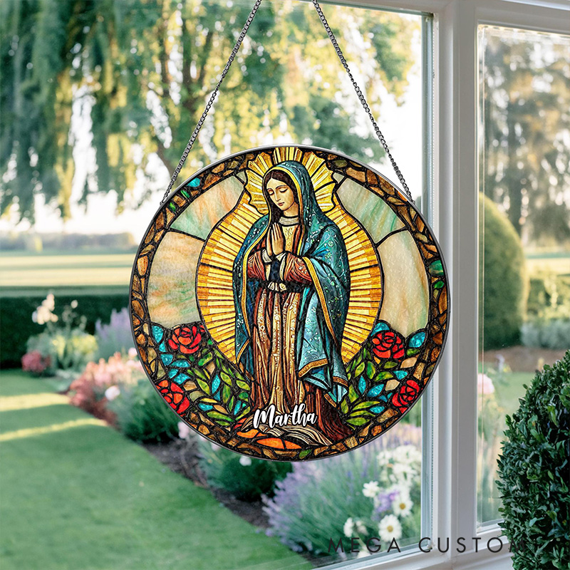Personalized Our Lady of Guadalupe Stained Glass Suncatcher Ornament with Name Window Hanging Decor Virgin Mary Art Religious Gift Catholic Gift