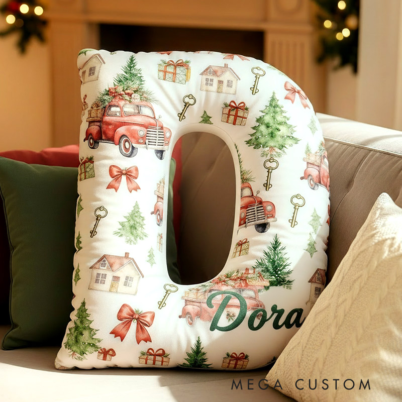 Personalized Christmas Initial Pillow Graphic 3D Print Christmas Truck Custom Name Pillow Festive Holiday Pillow Housewarming Gift Family Gift 