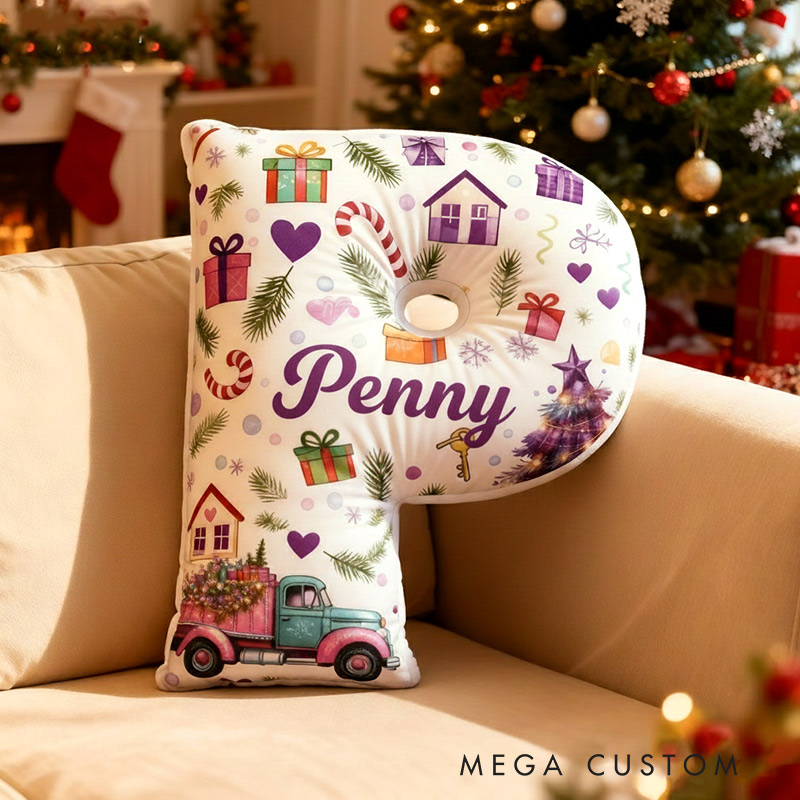 Personalized Christmas Initial Pillow Graphic 3D Print Christmas Custom Name Pillow Festive Holiday Pillow Housewarming Gift Family Gift 