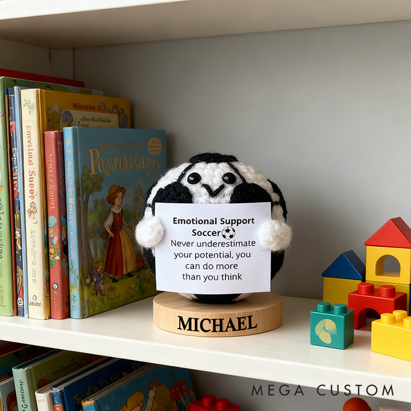 Personalized Crochet Soccer Ball Plush with Custom Name and Encouraging Quote Cheer Up Gift For Soccer Ball Team Player