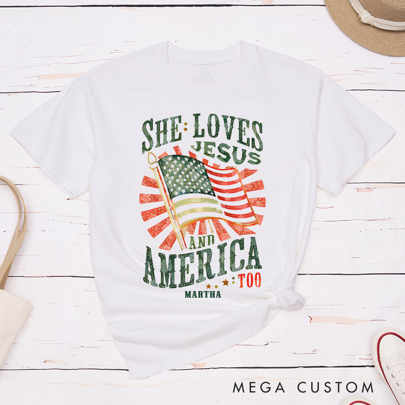 Personalized She Loves Jesus and America Too Cotton T-Shirt with Name Christian Classic T-Shirt Jesus Aesthetic Shirt Patriotic Tee Christian Gift