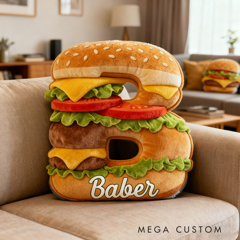 Personalized Burger Alphabet Throw Pillow Hamburger Letter Pillow with Name for Kids Girl Boy Baker Christmas Gifts Loving Room Decor