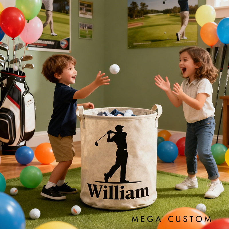 Personalized Golf Storage Basket with Custom Name  and Golfer Silhouette for Enthusiasts
