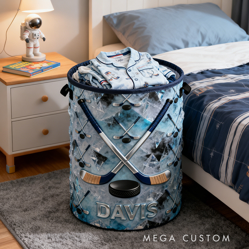 Personalized Ice Hockey Storage Basket with Custom Name and Crossed Sticks Design for Fans and Athletes