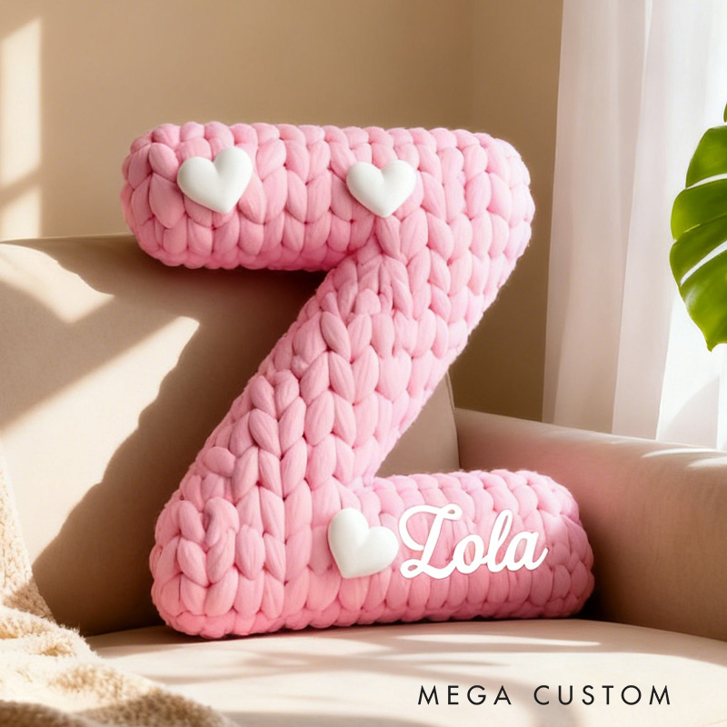 Personalized Pink Knitted Heart Alphabet Throw Pillow Knitting Letter with Name for  Girlfriend Wife Valentine's Day Gifts Loving Room Decor