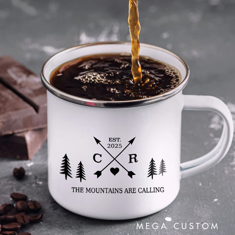 Personalised Enamel Campfire Mug Custom Outdoor Adventure Mug Couple Hiking Gift