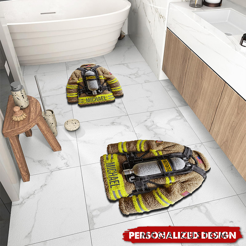 Personalized Firefighter Rug Custom Name Fireman Gear Shaped Rugs Proud Firefighter Non Slip Tufted Mat Gift for Home or Office