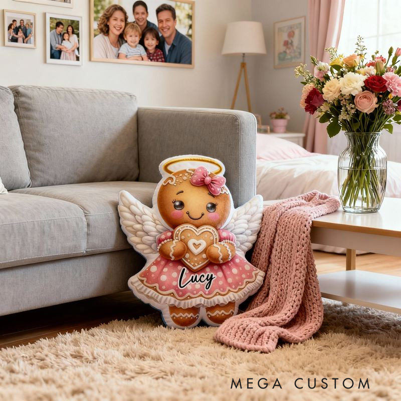Personalized Angel Gingerbread Girl in Pink Dress Throw Pillow with Name for Kids Girl Baker Christmas Gifts Loving Room Decor