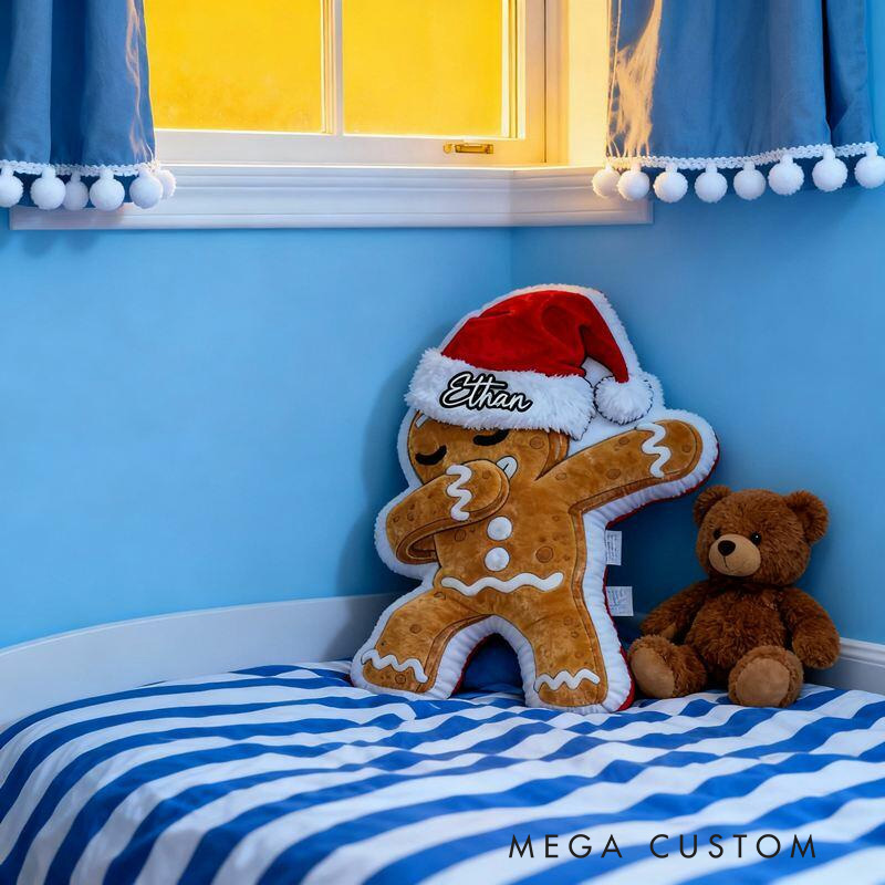 Personalized Gingerbread Man with Santa Hat Throw Pillow with Name for Kids Girl Boy Baker Christmas Gifts Loving Room Decor